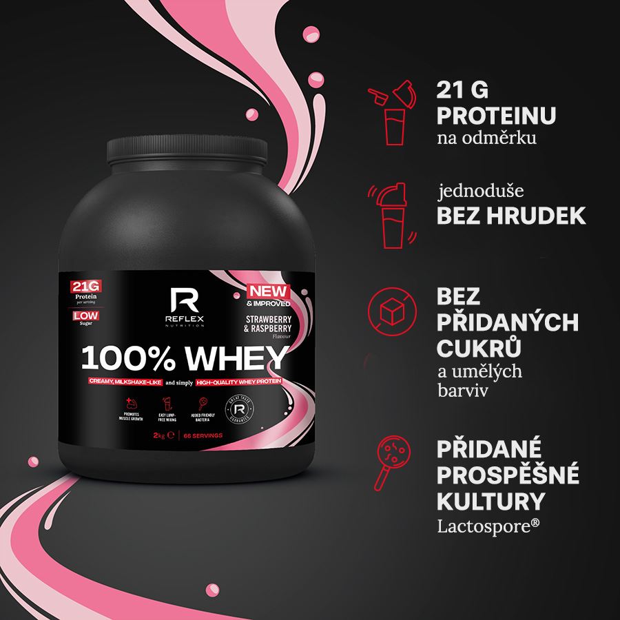 100% Whey Protein 2kg jahoda malina + Magnesium 90 kapslí ZDARMA