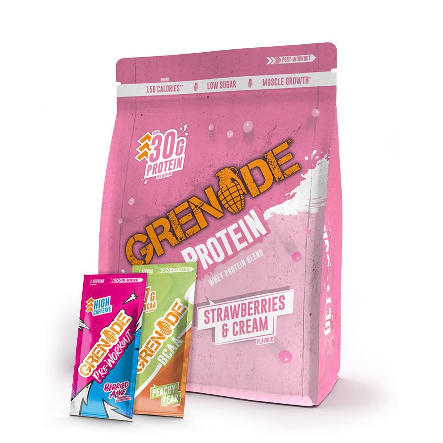 Grenade Whey Protein 2 kg strawberries and cream + vzorek Pre-Workout 16,5g a vzorek BCAA 13g zdarma