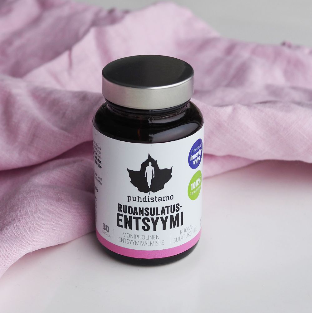 Puhdistamo Digestive Enzymes obsahuje komplex celkem 12 trávících enzymů v extra zvýšených dávkách
