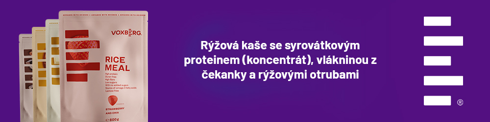 Rýžová kaše se syrovátkovým proteinem (koncentrát), vlákninou z čekanky a rýžovými otrubami.
