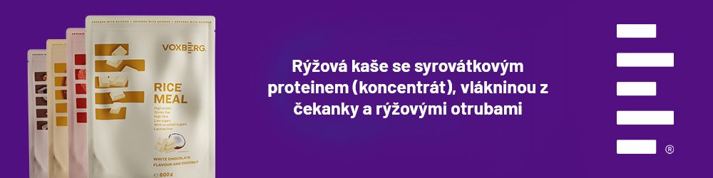 Rýžová kaše se syrovátkovým proteinem (koncentrát), vlákninou z čekanky a rýžovými otrubami.
