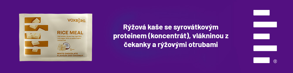 Rýžová kaše se syrovátkovým proteinem (koncentrát), vlákninou z čekanky a rýžovými otrubami.