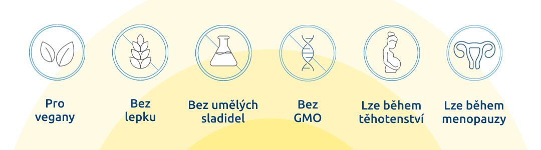 Vhodné pro vegany, bez lepku, bez umělých sladidel, bez GMO, vhodné pro těhotné a v období menopauzy.