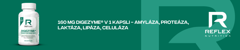 160mg Digezyme v 1 kapsli - amyláza, proteáza, laktáza, lipáza, celuláza.