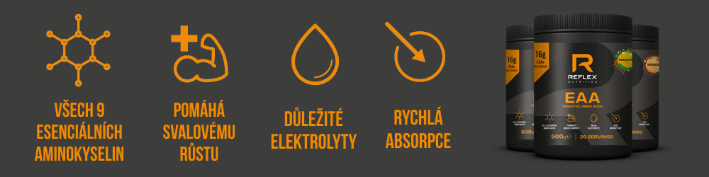 EAA komplex všech 9 esenciálních aminokyselin, pomáhá svalovému růstu, obsah elektrolytů, rychlá absorbce.