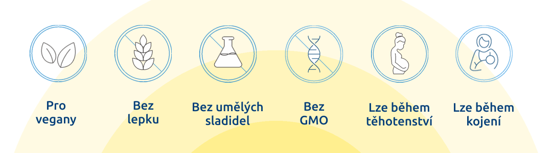 Pro vegany, bez lepku, bez umělých sladidel, bez GMO, lze užívat během těhotenství i kojení.