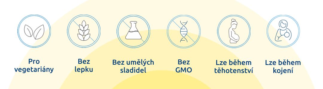 Vhodné pro vegany, bez lepku, bez umělých sladidel, bez GMO, vhodné pro těhotné a kojící.