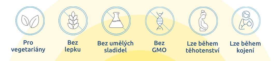 Pro vegetariány, bez lepku, bez uměých sladidel, bez GMO, lze během těhotenství a během kojení.