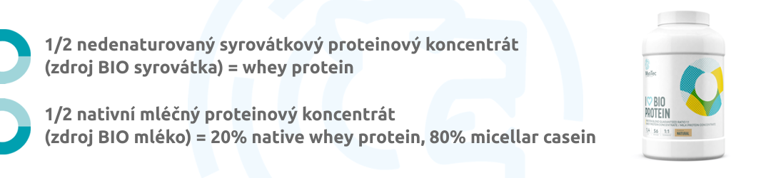 I love BIO protein obsahuje 2 hlavní zdroje bílkovin 1:1 nedenaturovaný syrovátkový protein a nativní mléčný koncentrát.