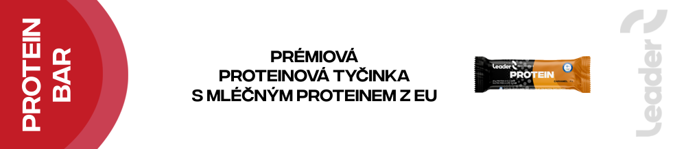 Prémiová proteinová tyčinka Leader s mléčným proteinem z EU s příchutí jogurtovou s malinami a jahodami. 