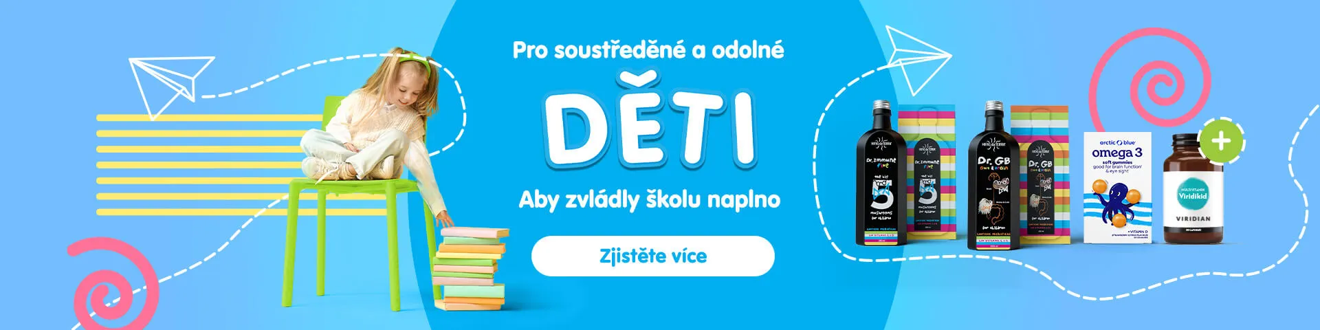 Pro děti, aby zvládly školu naplno – adaptogenní houby pro posílení obranného štítu a soustředění, omega-3 gummies a další doplňky stravy.