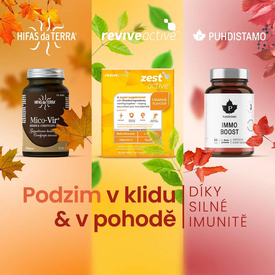 Během podzimu: Mico-Vir (Reishi a Cordyceps ) od Hifas da Terra, beta-glukany, zinek a vitamín C od Puhdistamo a komplex Zest od Revive Active.